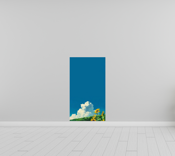 Painting of sunflowers and clouds under a blue sky