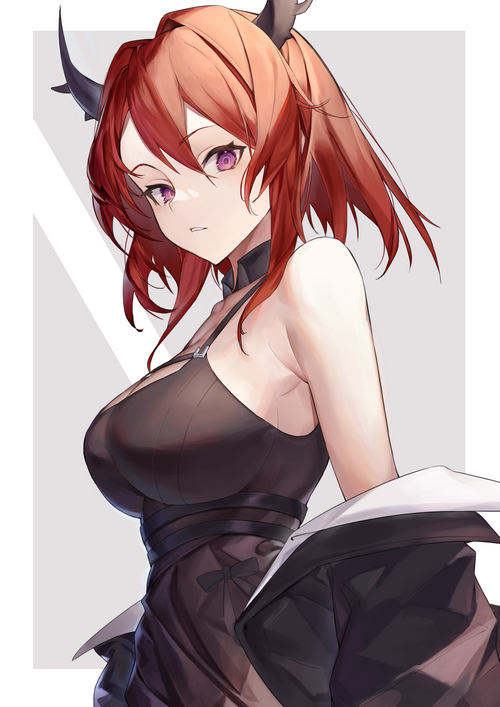 Surtr from Arknights in a black dress
