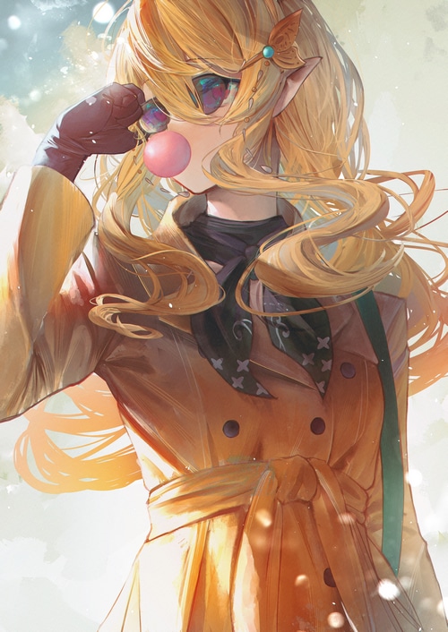 Pomu Rainpuff blowing bubble gum with sunglasses