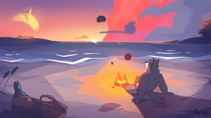 Anthro wolf by a campfire on a beach with a planet in the sky