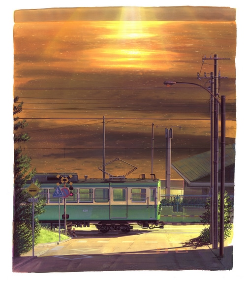 Train crossing at sunset