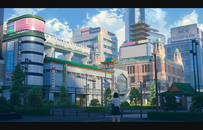 Shinjuku cityscape with a girl and a train