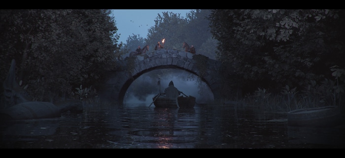 Medieval bridge with figures and a boat on a river