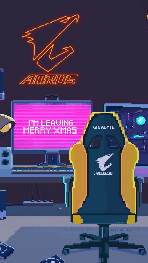 Pixel art Aorus gaming setup with neon sign