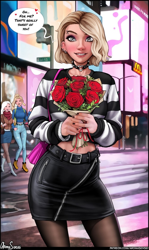 Gwen Stacy holding roses in a city