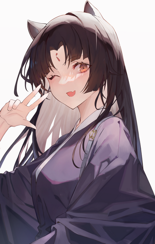Saga from Arknights winks and makes a peace sign