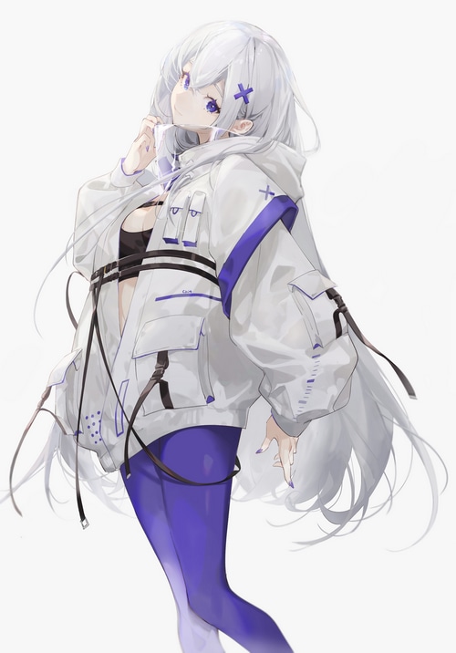 Anime girl with white hair and purple accents