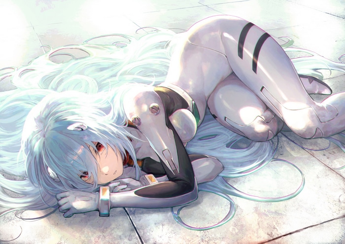 Ayanami Rei in a white bodysuit lying down