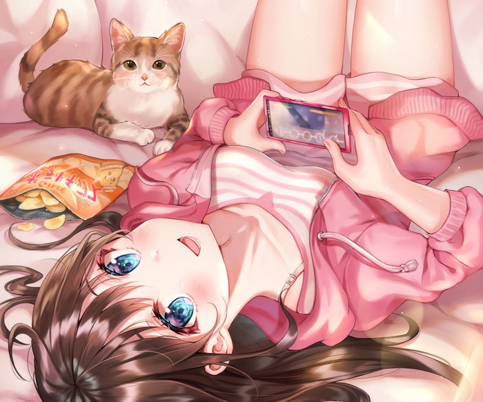 Anime girl with cat and chips playing a game