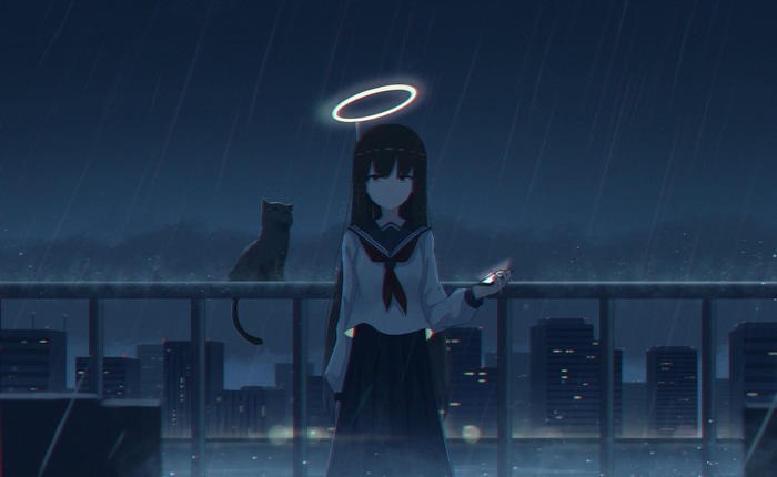Girl with Halo and Cat in Rain