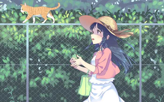 Girl with straw hat and cat on fence