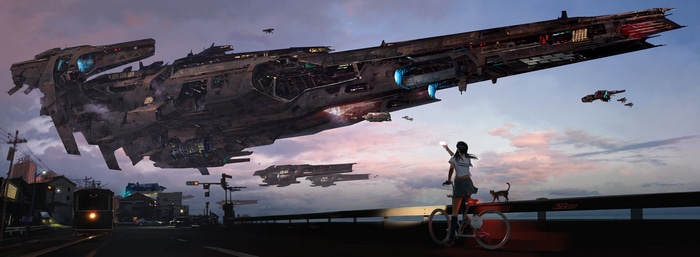 Girl on bicycle with cat and spaceship overhead