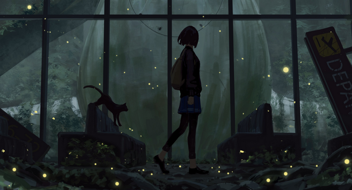 Girl and cat in a ruined airport by GUWEIZ
