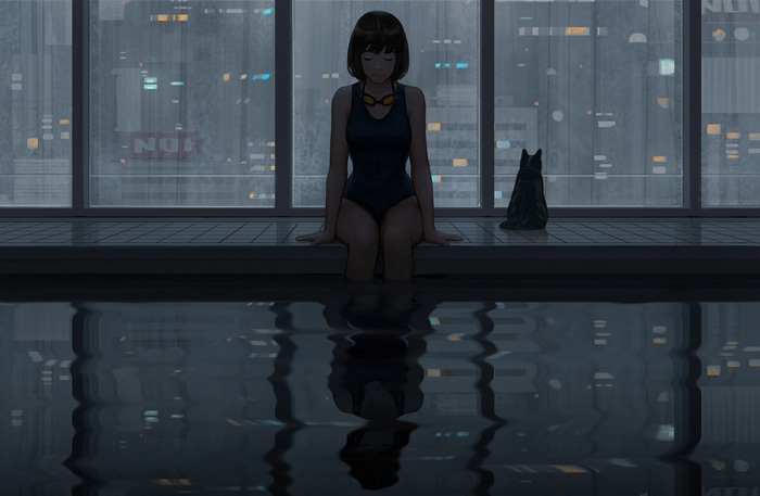 Girl in swimsuit with cat by indoor swimming pool