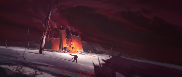 Warrior approaches a glowing castle in a desolate landscape