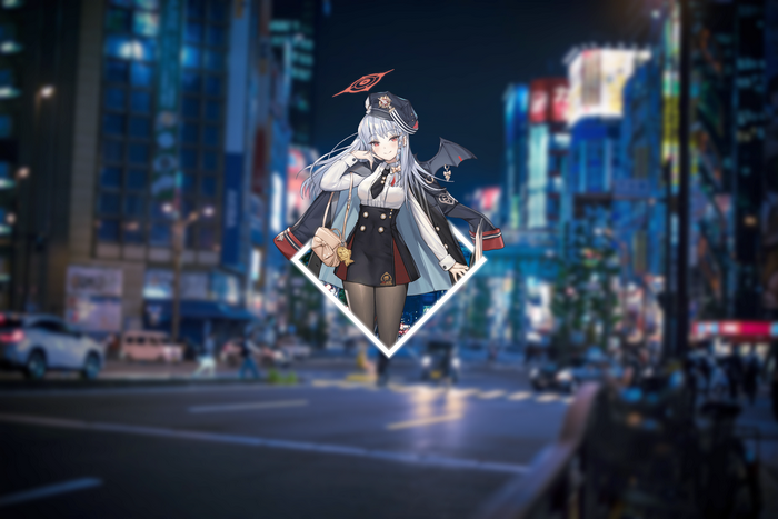 Haruna from Blue Archive in a city at night