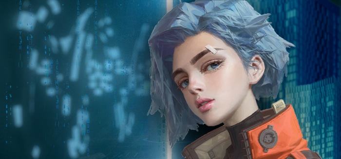 Cyberpunk girl with blue hair and orange jacket