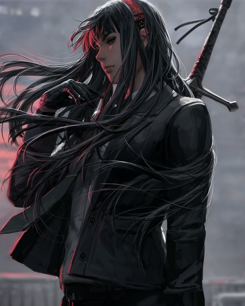 Woman in black clothing with sword by GUWEIZ