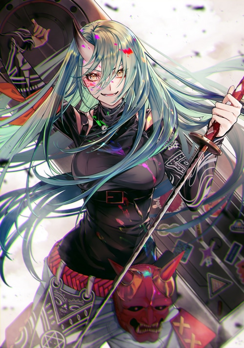 Hoshiguma from Arknights with Oni features and sword