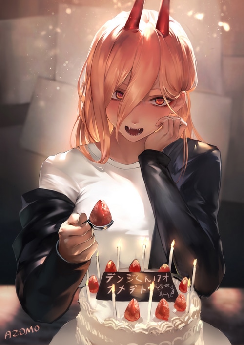 Power from Chainsaw Man eating a strawberry from a cake