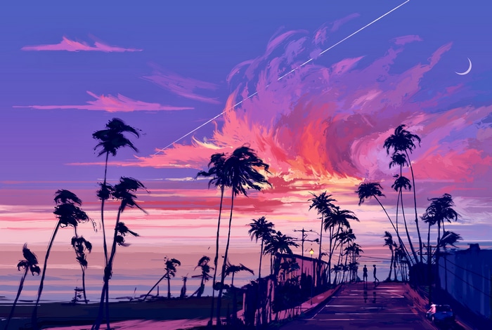4K digital painting of a sunset with palm trees