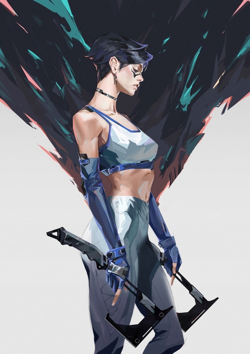 Woman with dark hair holding axes