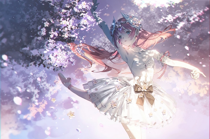 Anime Girl in White Dress Dancing Under Cherry Blossoms