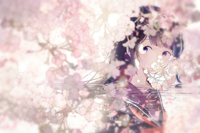 Anime girl with cherry blossoms reflected in water
