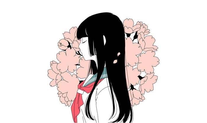 Girl with black hair and cherry blossoms