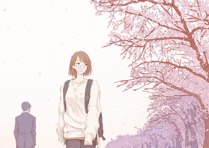 Girl in mask and boy in suit under cherry blossoms