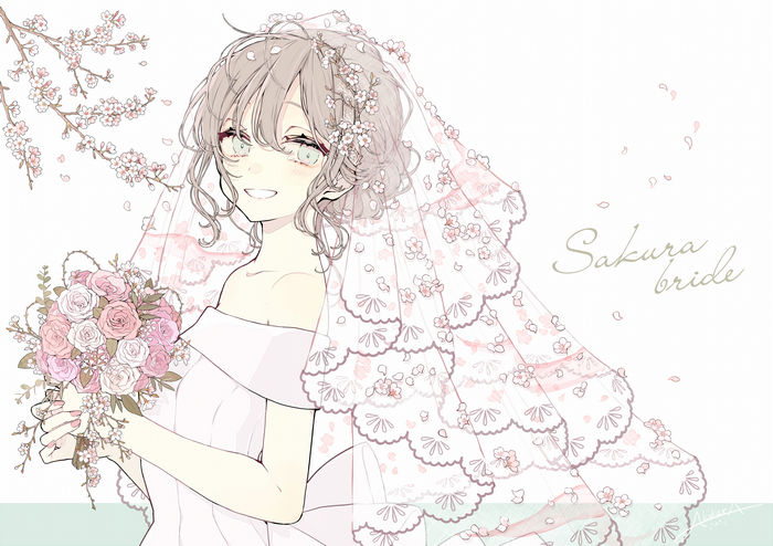 Anime bride with cherry blossoms and bouquet