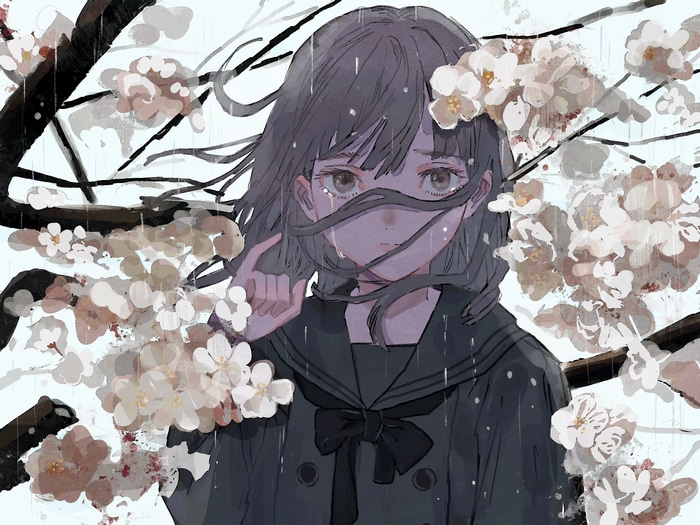 Anime girl with cherry blossoms in the rain