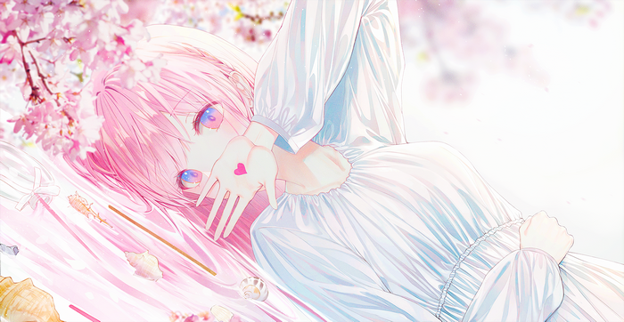 Anime girl with pink hair and blue eyes under cherry blossoms