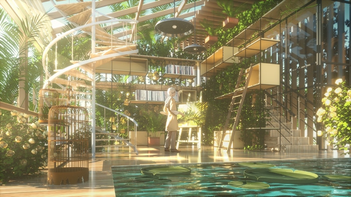 Anime boy in a greenhouse with a spiral staircase