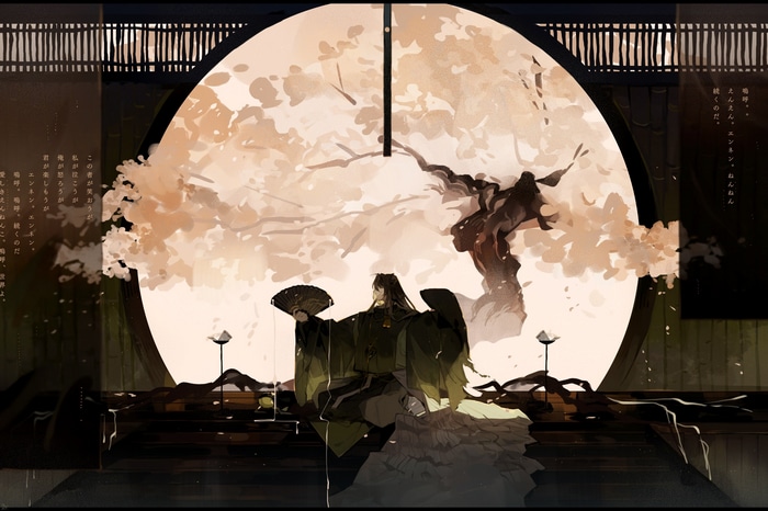Anime boy with fan in traditional Japanese setting