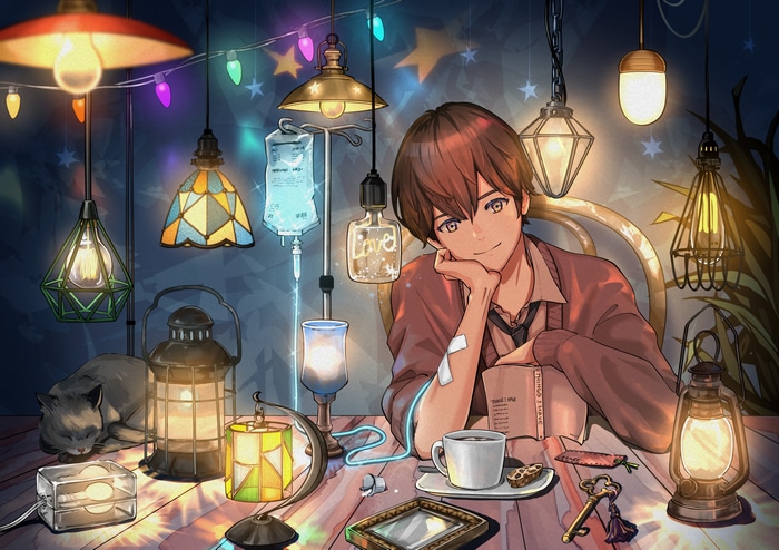 Anime boy with IV drip and coffee
