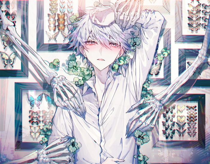 Anime boy with skeleton arms and butterfly collection