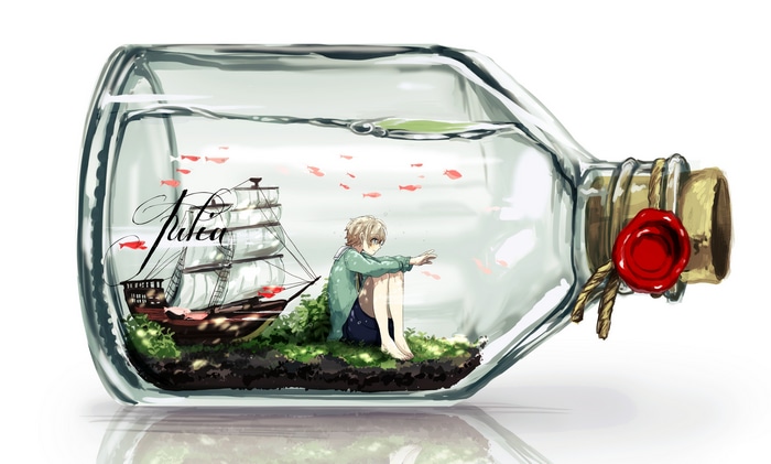 Anime boy and ship in a bottle with fish