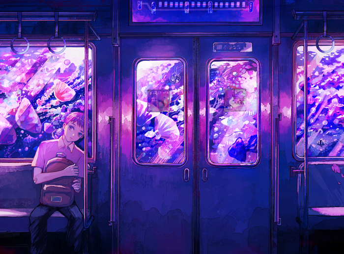 Anime boy on a train with underwater scenery
