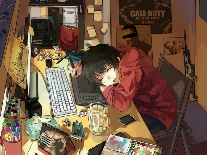 Anime boy sleeping at a desk with art supplies