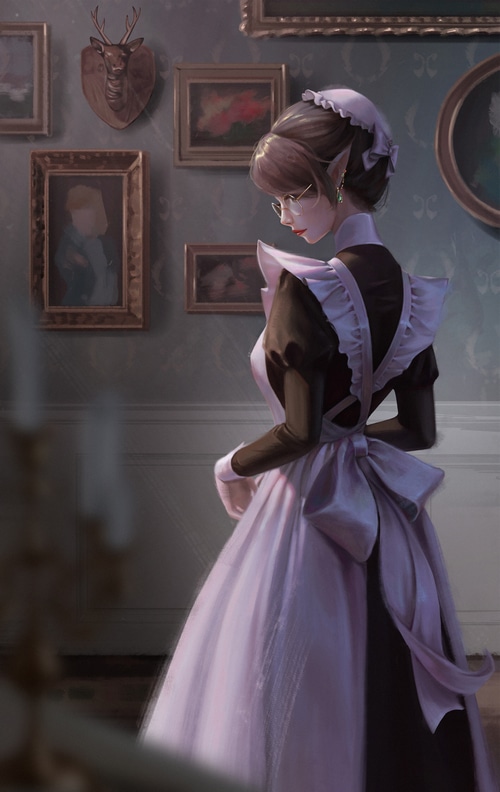 Fantasy maid with glasses and pointy ears
