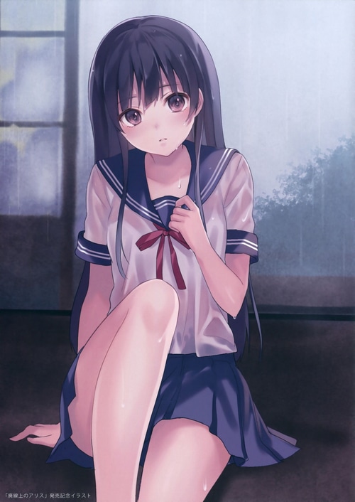 Schoolgirl in uniform in the rain