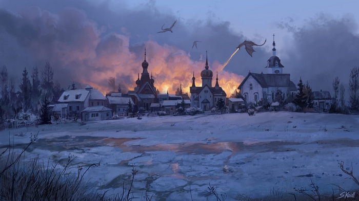 Dragons attack a burning village in a fantasy artwork