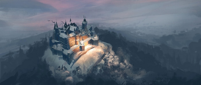 Fantasy castle on a snowy mountain at dusk