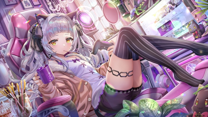 Murasaki Shion playing video games with a drink