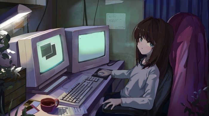 Girl using vintage CRT computer with floppy disks