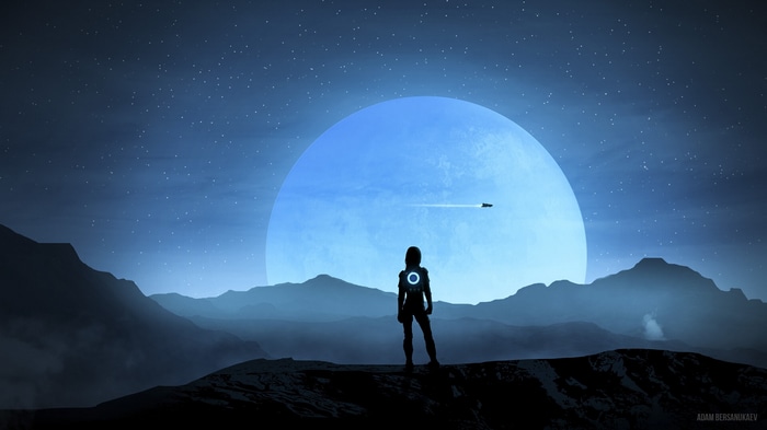 Futuristic astronaut looking at a large blue moon and a spaceship