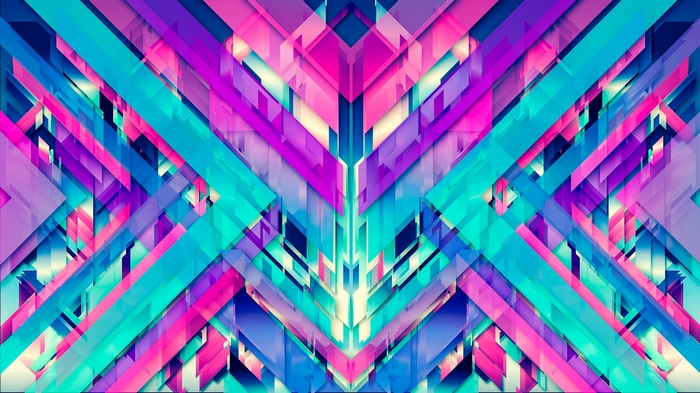Symmetrical abstract geometric pattern with pink and blue.