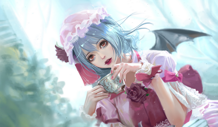 Remilia Scarlet holding a teacup with bat wings