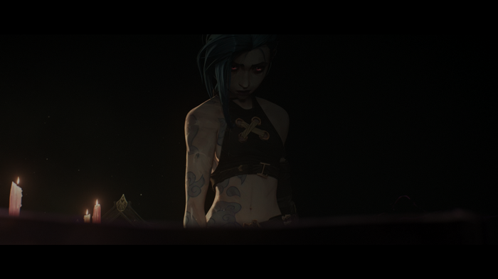 Jinx from Arcane with red eyes in darkness